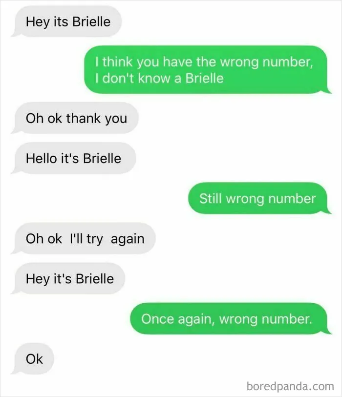 Funny wrong number texts exchange where person repeatedly says it is Brielle.
