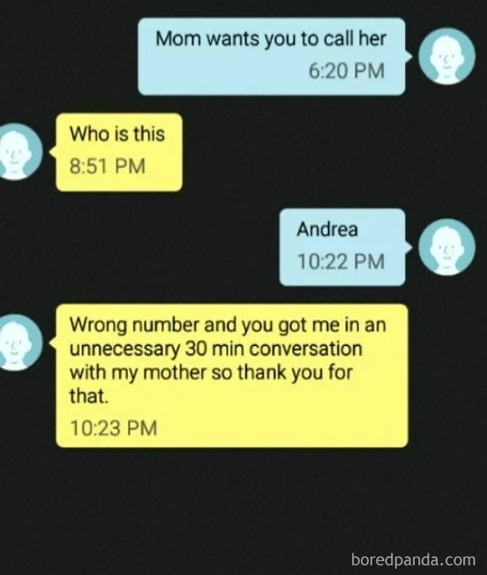 Funny text thread showing a wrong number text that led to a thirty minute phone call with someone's mom.