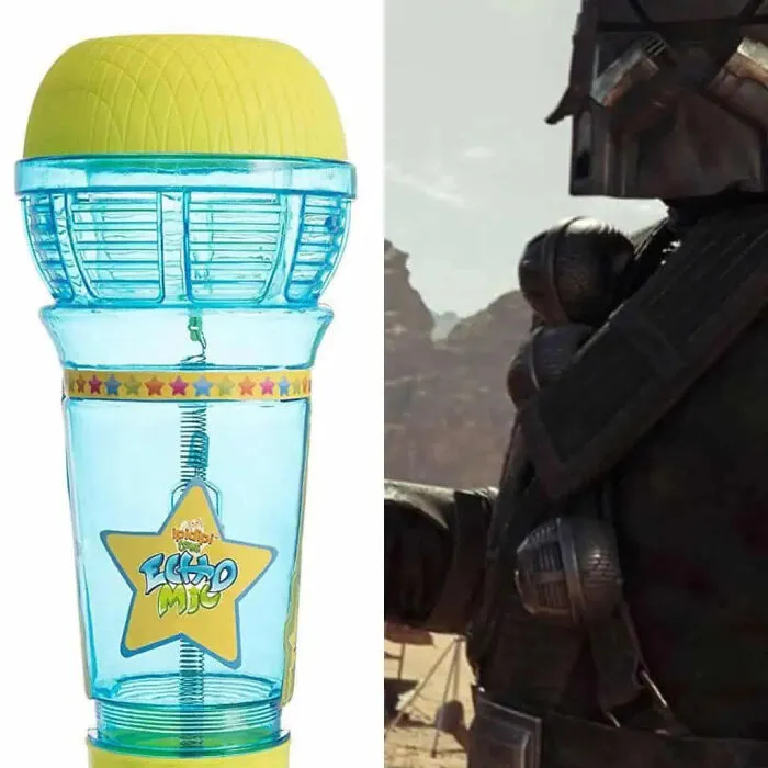 A blue toy microphone side-by-side with its use as sci-fi movie props on a costume.