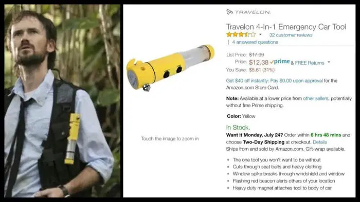 An emergency car tool used as movie props on a vest next to an online listing.