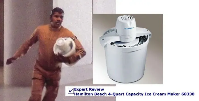 A man running with an ice cream maker used as futuristic movie props.