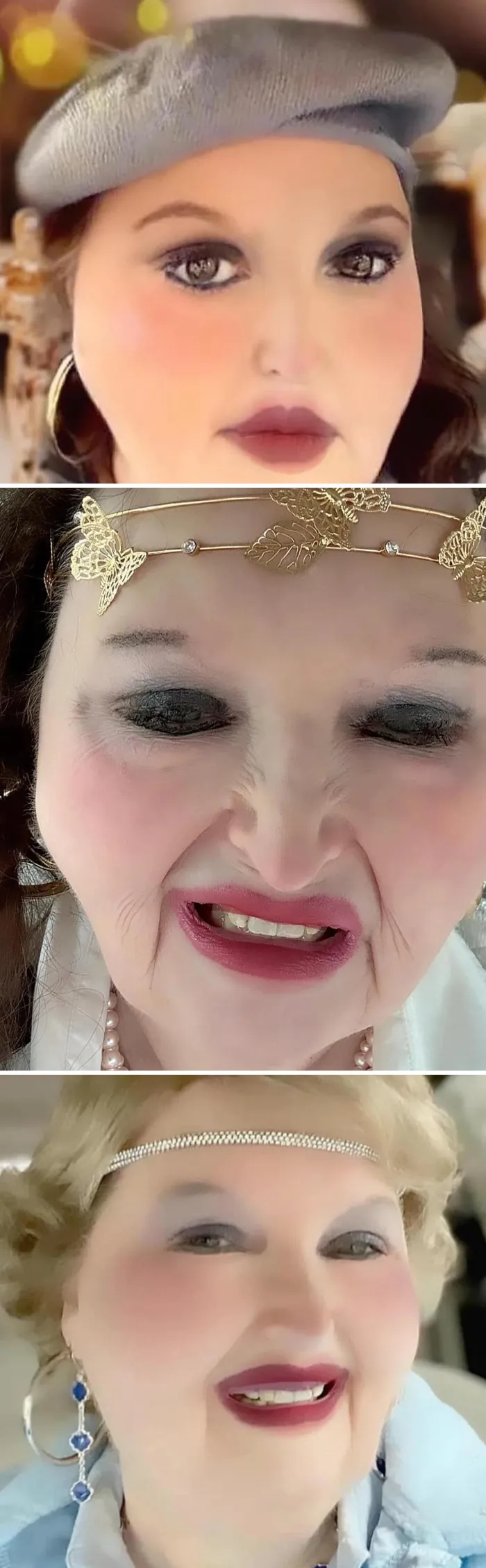 Ridiculous edited photos featuring unnaturally smooth faces with distorted facial features