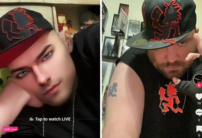 Ridiculous edited photos of men with cartoonish facial features and hats