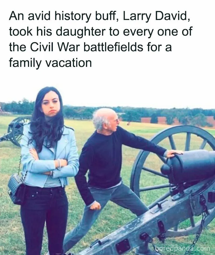 Funny history meme of Larry David visiting Civil War battlefields with daughter