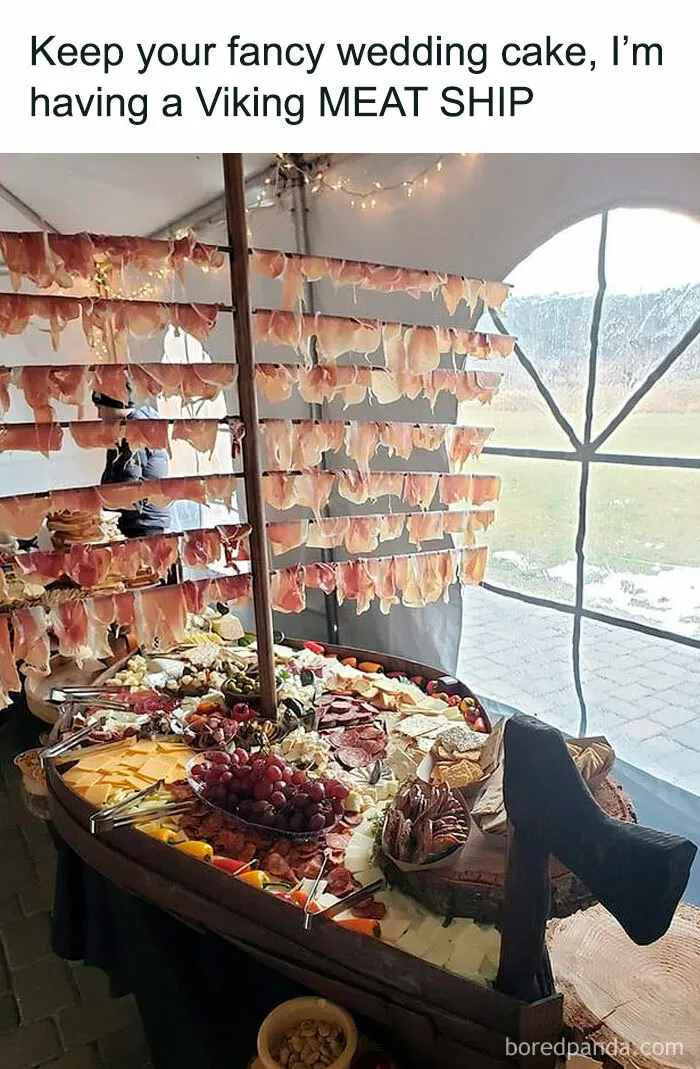 Viking meat ship charcuterie board mimicking historical Viking ship