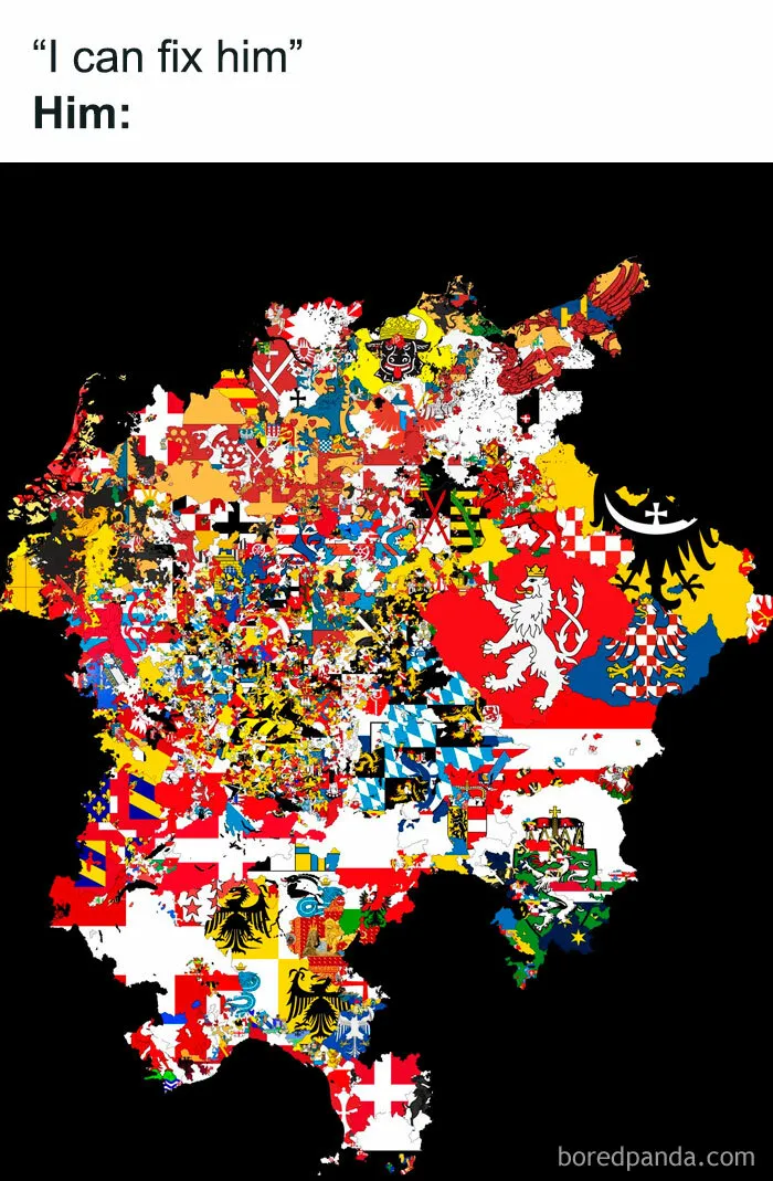 Medieval map showing complex Holy Roman Empire coats of arms history memes