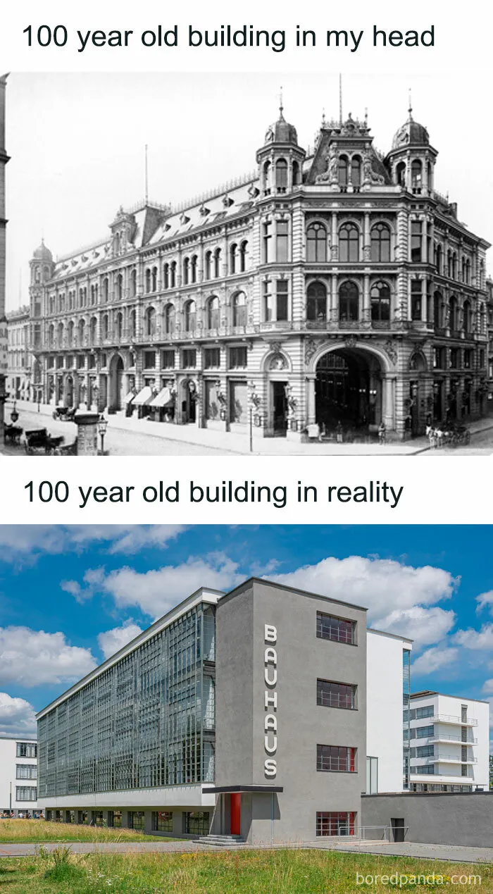 Comparison of imagined ornate 100-year-old building versus plain modern Bauhaus 100-year-old building