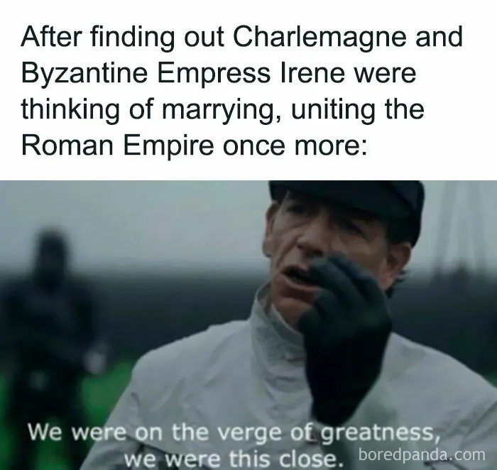 History meme about Charlemagne and Byzantine Empress Irene uniting Roman Empire humorously