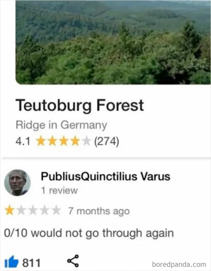 Teutoburg Forest review meme with PubliusQuinctilius Varus rating 1 star