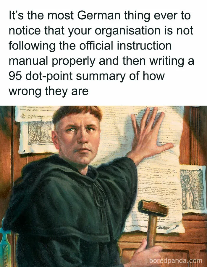 Humorous history meme about German efficiency and writing a long summary of faults