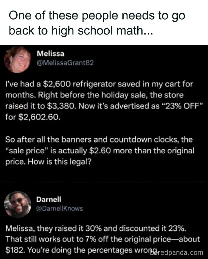 Social media post with incorrect math showing people confidently wrong about sales percentages.