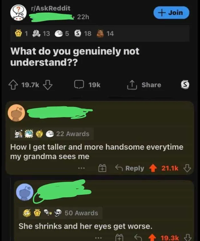 Reddit thread featuring funny and oddly accurate insults about growing taller for a grandma