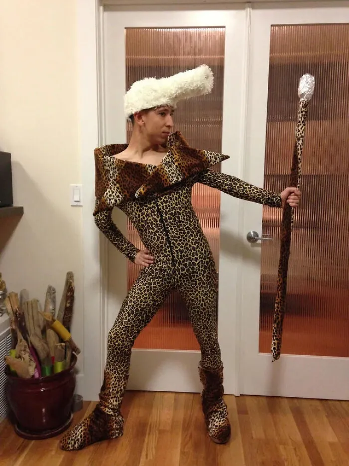 Person wearing a leopard print bodysuit for unique and quick Halloween costume ideas