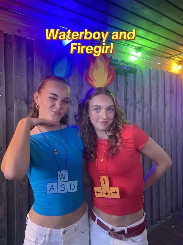 Two young women dressed as Fireboy and Watergirl representing last minute Halloween costume ideas.