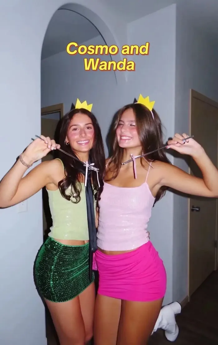 Two women dressed as Cosmo and Wanda for a fun Halloween costume idea