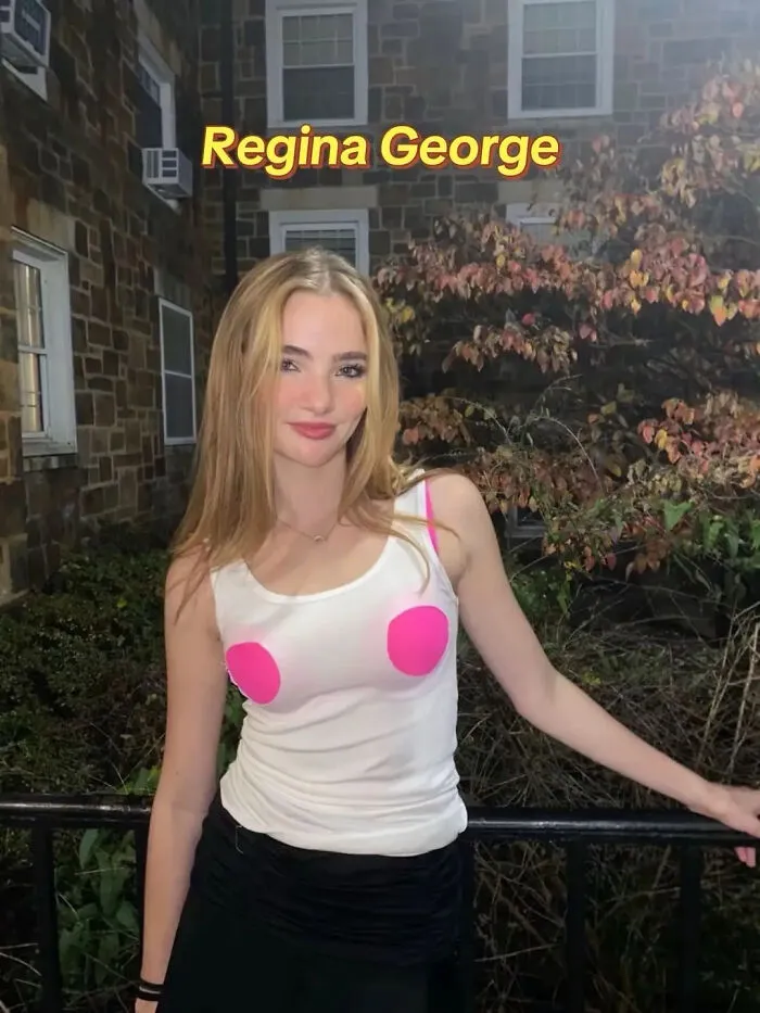 A young woman posing in a Regina George tank top for a simple Halloween costume idea
