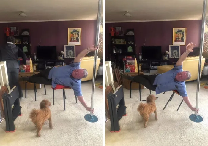 Man doing pole exercise humorously edited by photoshopper to shift balance