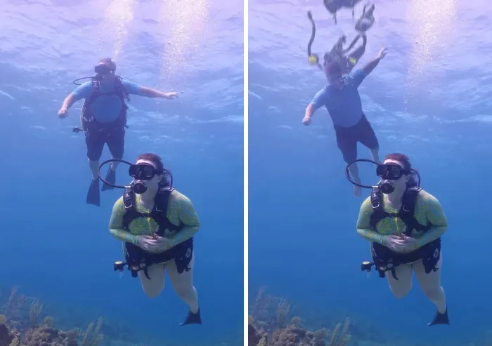 Underwater diving photo humorously changed by photoshopper with diver falling
