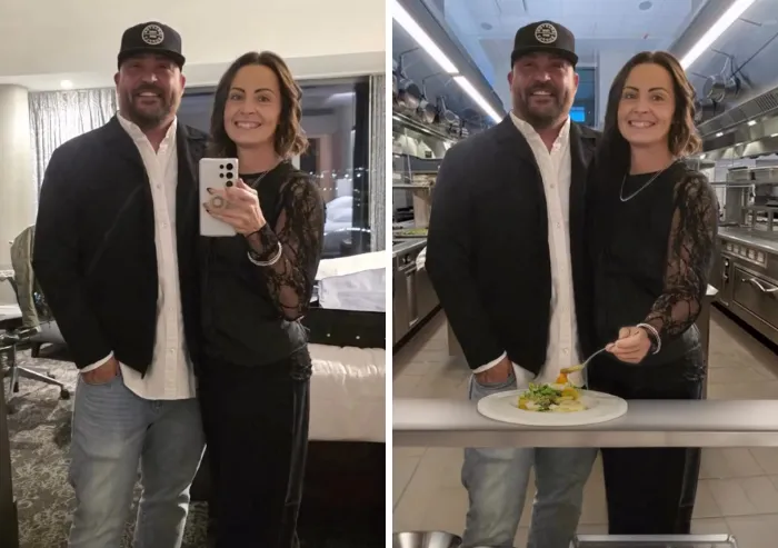 Couple selfie altered by photoshopper to show funny kitchen scene
