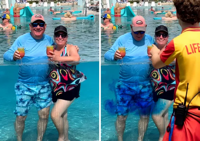 Funny edit by a photoshopper showing a couple in a pool with dye in the water.