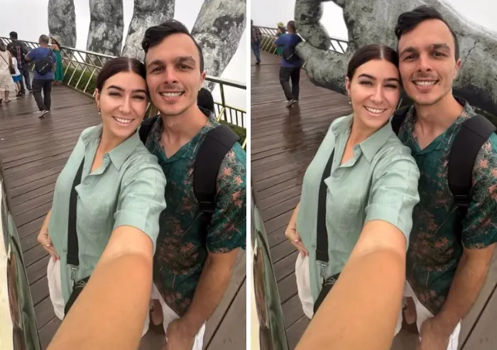 Photoshopper edits out background tourists from a couple selfie, leaving an giant stone hand in the background
