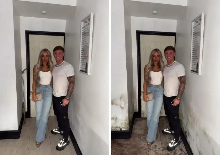 A couple posing indoors edited by a photoshopper adding realistic water damage and mold on the walls