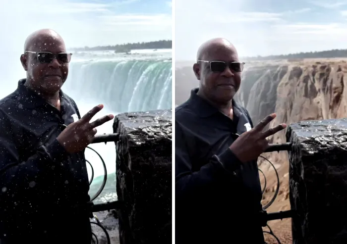 Photoshopper changes waterfall background in funny outdoor peace sign photo