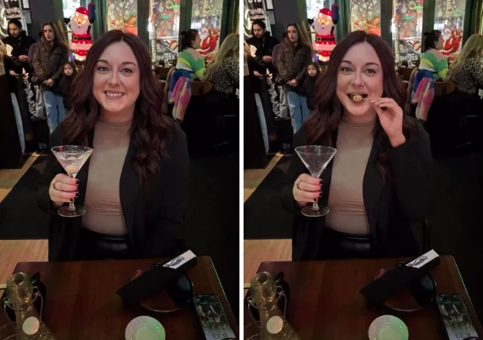 Humorous edit by a photoshopper showing a woman eating an olive from her martini glass.