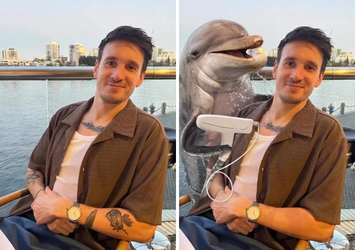 Photoshopper hilariously edits a man sitting by water to show a dolphin spraying water at him.