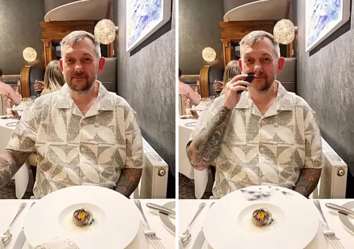 Funny edit by a photoshopper showing a man at a dinner table using a electric nose trimmer.