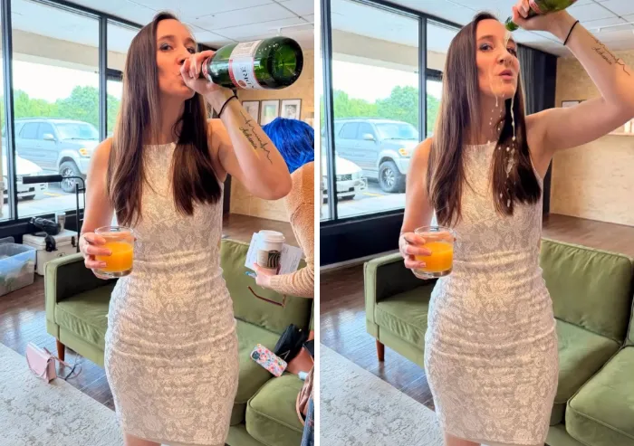 Before and after edit by a photoshopper showing a woman spilling champagne on her face.