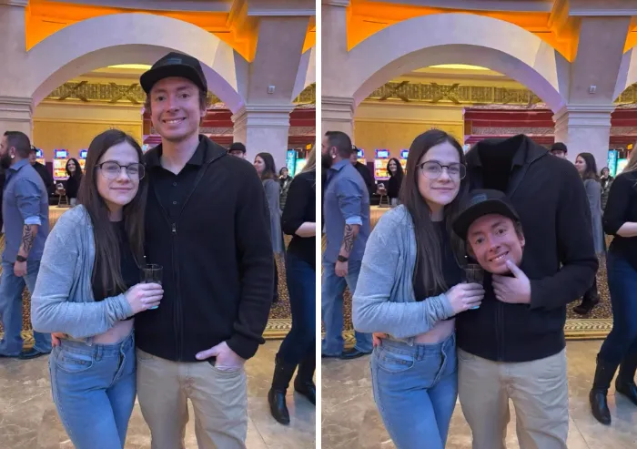 A photoshopper edit showing a man holding his own head in a funny comparison image.