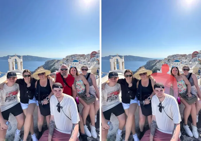Photoshopper erases a man in a red shirt from a group photo in Santorini