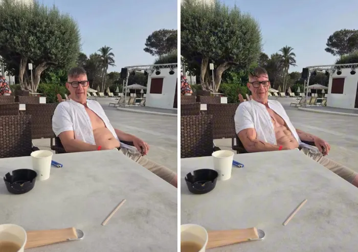 Side-by-side comparison of a man sitting at a table edited by a photoshopper to add defined abs to his stomach.