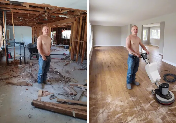 A photoshopper edit showing a man standing in a home under construction and then placed on a finished wooden floor.