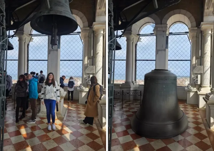 Side-by-side edit by a photoshopper lowering a large church bell from the ceiling to rest directly on the tiled floor.