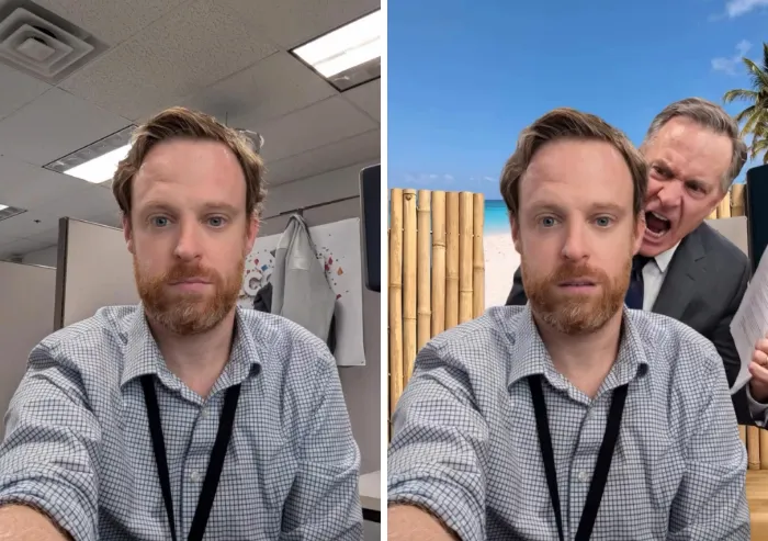 A photoshopper edit changing an office background to a tropical beach scene with a boss yelling behind a man.