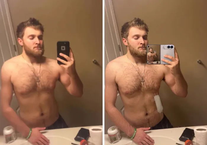 Hilarious photoshopper edit of a man holding a phone that displays an image of himself
