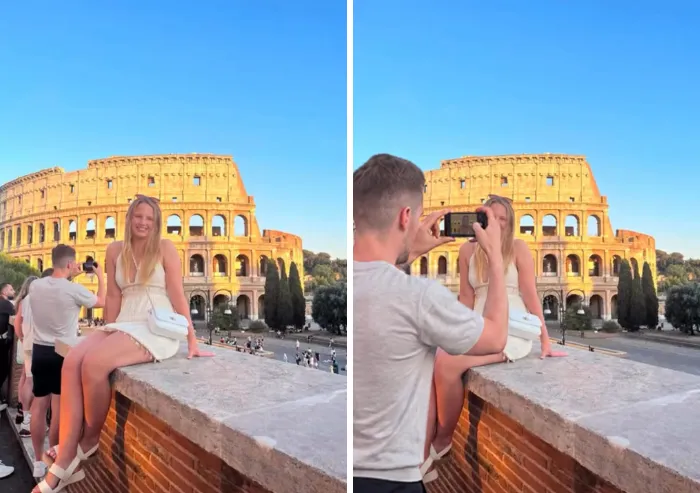A man takes a photo of a woman in front of the Colosseum in a hilarious photoshopper edit