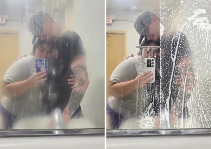 Side by side photospper edit of a couple taking a selfie behind a soapy glass shower door