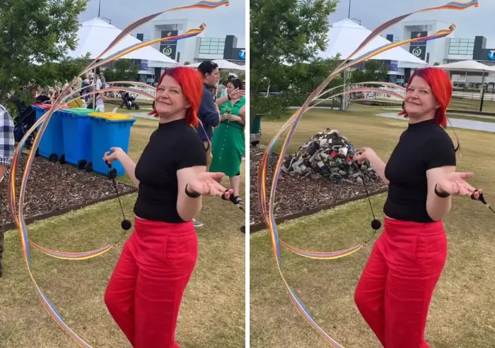 Side-by-side funny photoshopper edit replacing background trash cans with a giant pile of garbage behind a woman.