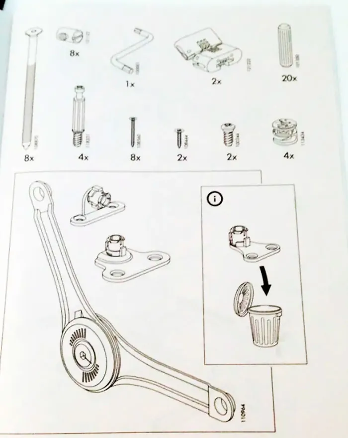 An assembly manual page containing hardware diagrams and confusing instructions pointing a part to a trash bin