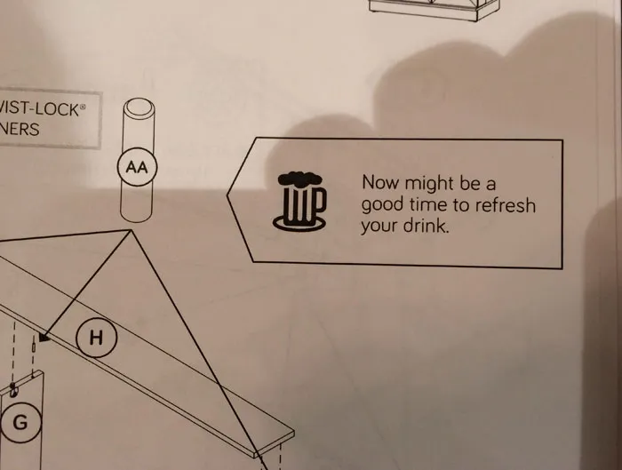 Furniture assembly guide with confusing instructions featuring a beer mug icon suggesting to refresh your drink