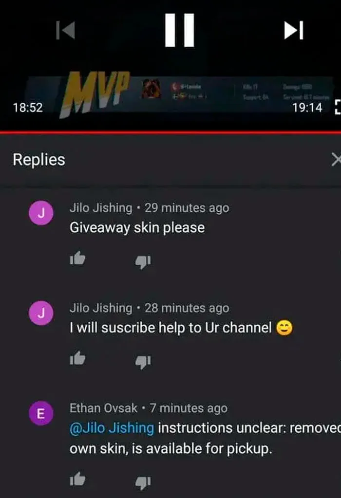 A funny online reply showcasing confusing instructions on a video comment section.