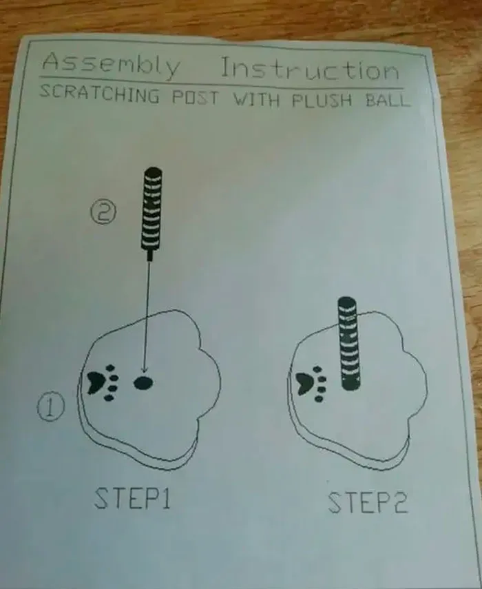 Confusing instructions diagram for assembling a cat scratching post.