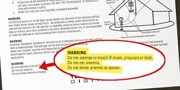 Hilariously confusing instructions on a document warning not to eat antenna or throw it at spouse.