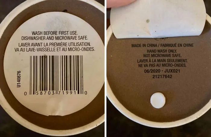 Confusing labels on a mug showing contradictory dishwasher safe and hand wash only instructions.