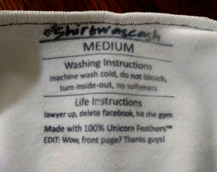 Clothing tag with funny and confusing instructions for washing and life advice.