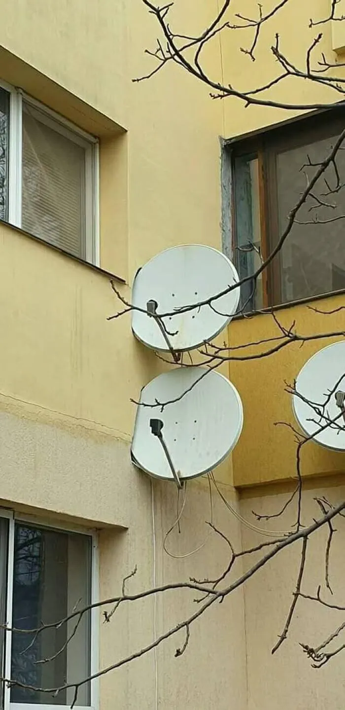 Multiple satellite dishes mounted close together on an apartment wall, illustrating Slavic engineering.