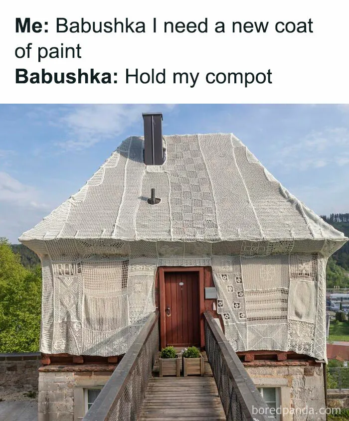 A house fully covered in knitted lace tablecloths as a funny example of Slavic engineering